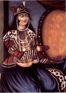 Woman playing a drum, Iran, 19th century, oil on canvas
